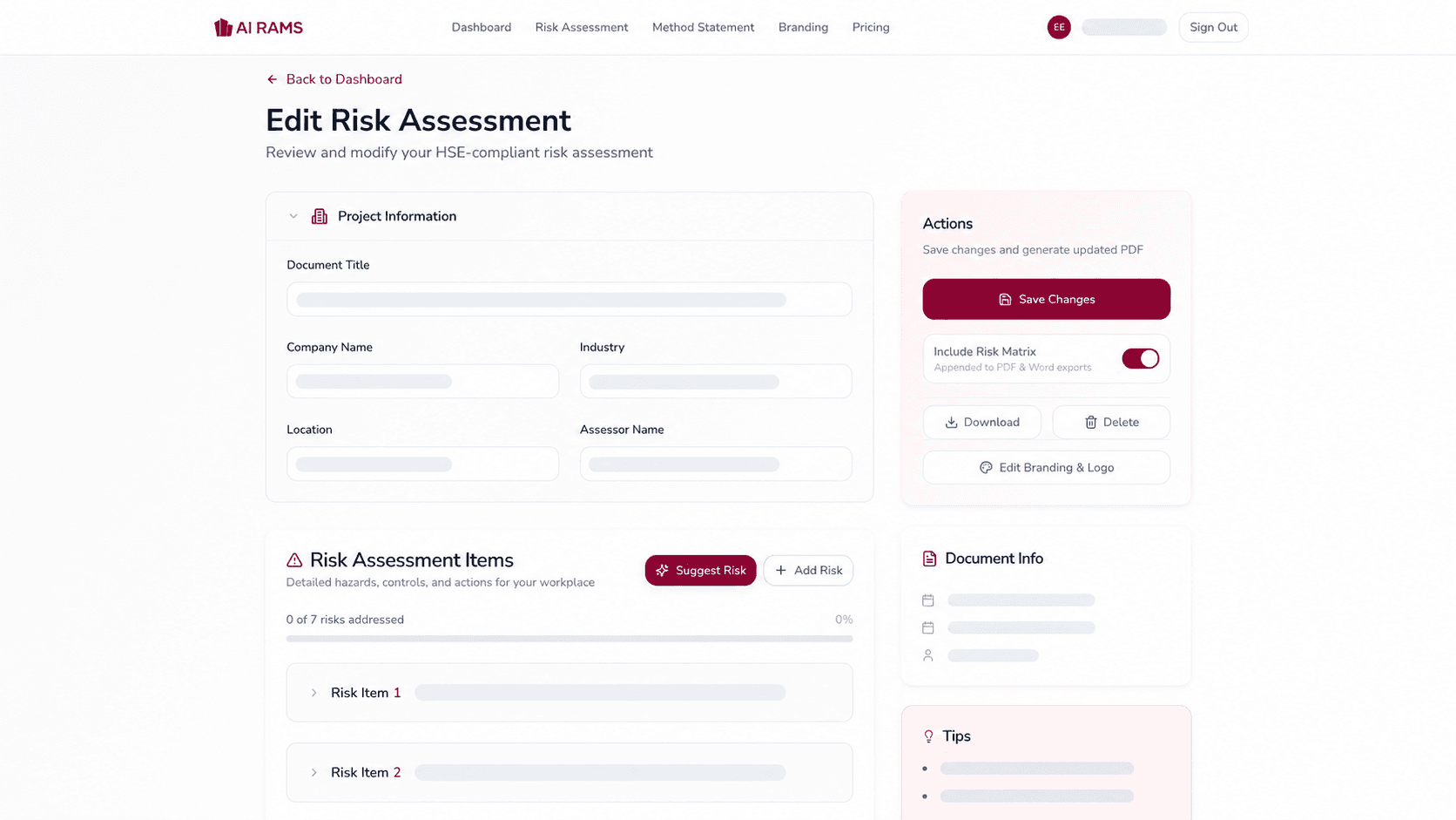 Edit Risk Assessment screen showing project information, seven AI-identified risk items, and a document actions panel