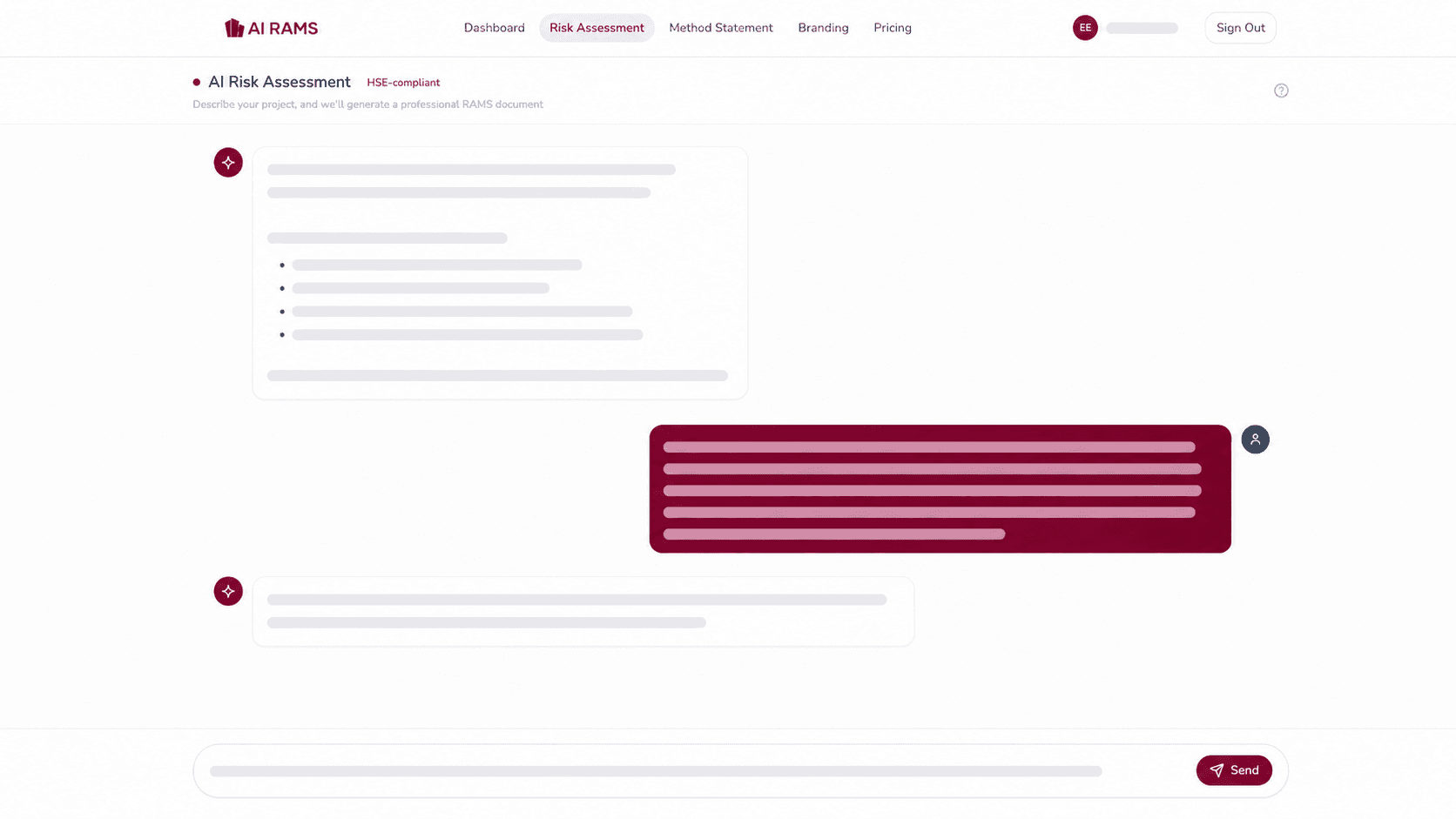 AI RAMS conversational consultant guiding a user through a risk assessment for a Victoria Station shop fit-out