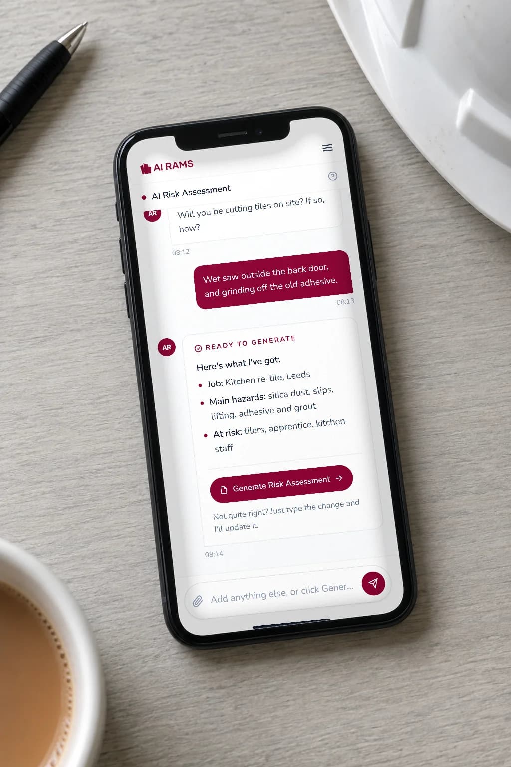 A phone on a site office desk showing the AI RAMS chat for a kitchen re-tile: the question about cutting tiles, the answer, and the summary ready to generate the risk assessment