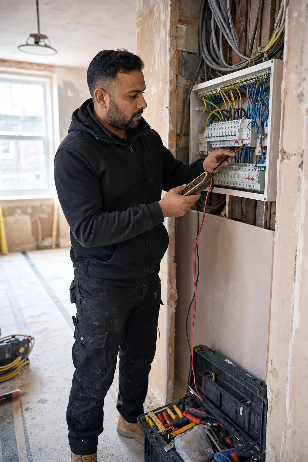 Electrician testing a consumer unit during a UK refurbishment
