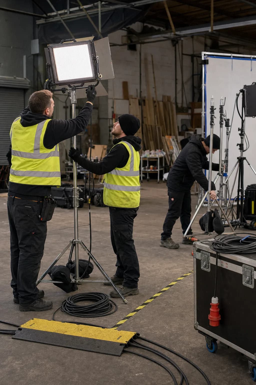 Film and TV crew rigging lighting and cable runs on a UK production location