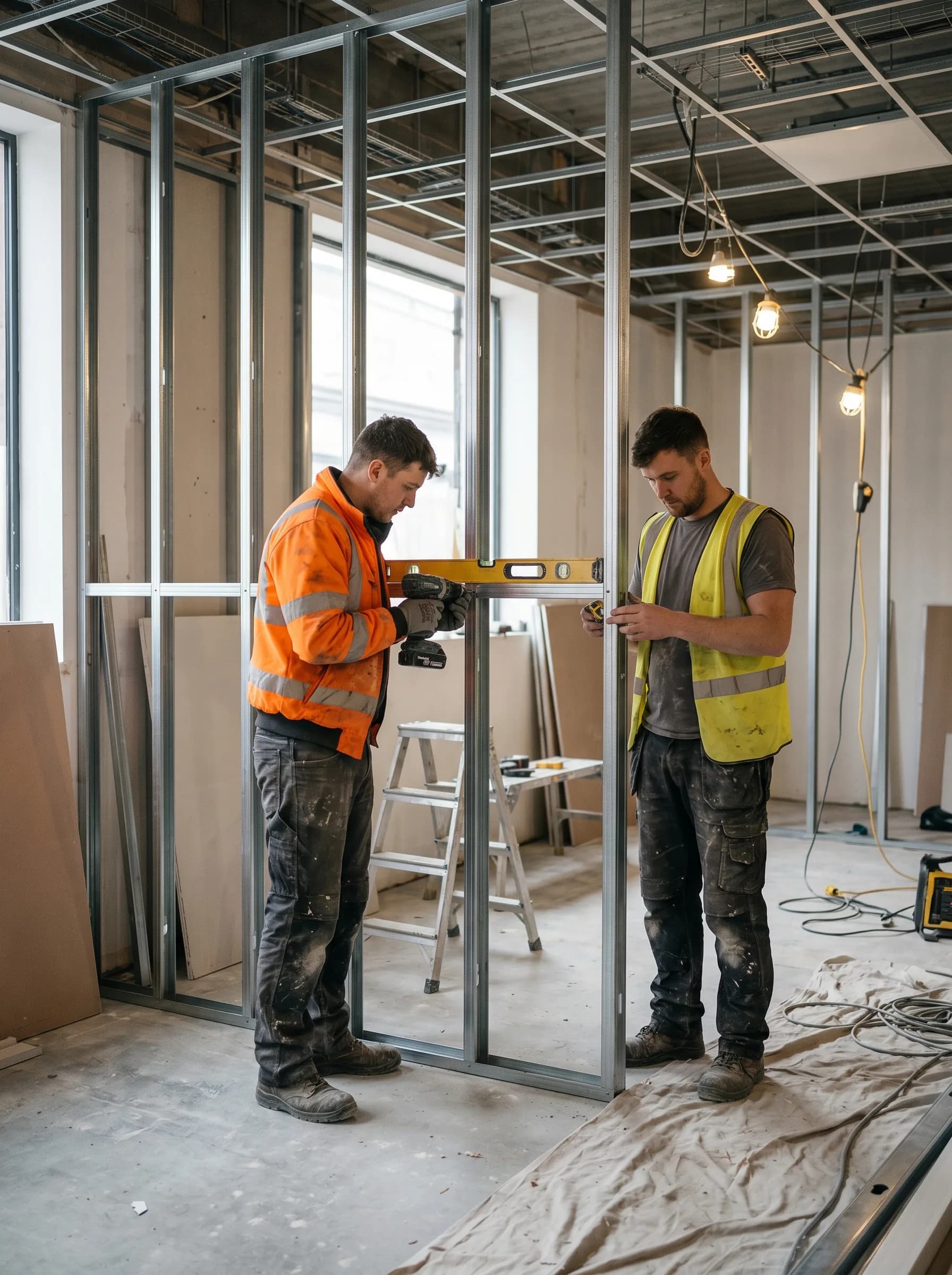 Shopfitter installing partitions on a UK retail fit-out