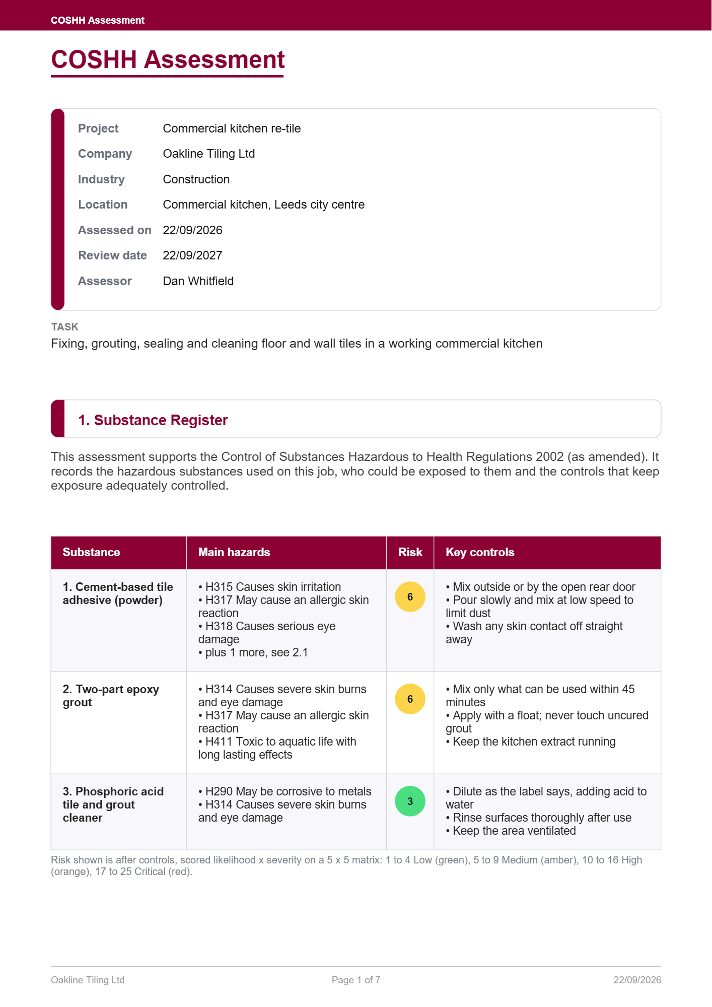 Page one of a COSHH assessment for the same job, in the standard AI RAMS styling: the tile adhesive, epoxy grout and acid cleaner, their hazard statements, risk ratings and key controls