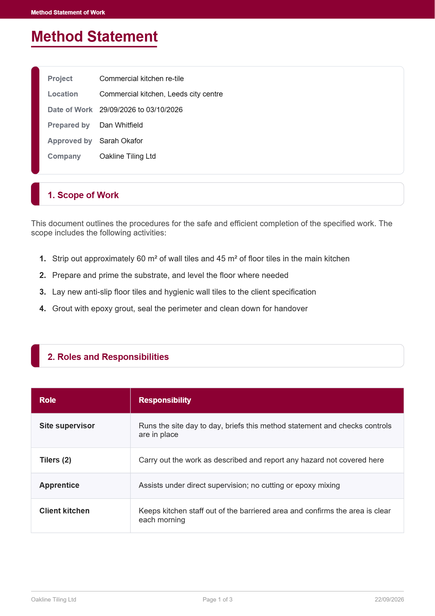 Page one of a method statement for the same kitchen re-tile, in the standard AI RAMS styling: project details, the scope of work step by step, and who is responsible for what on site